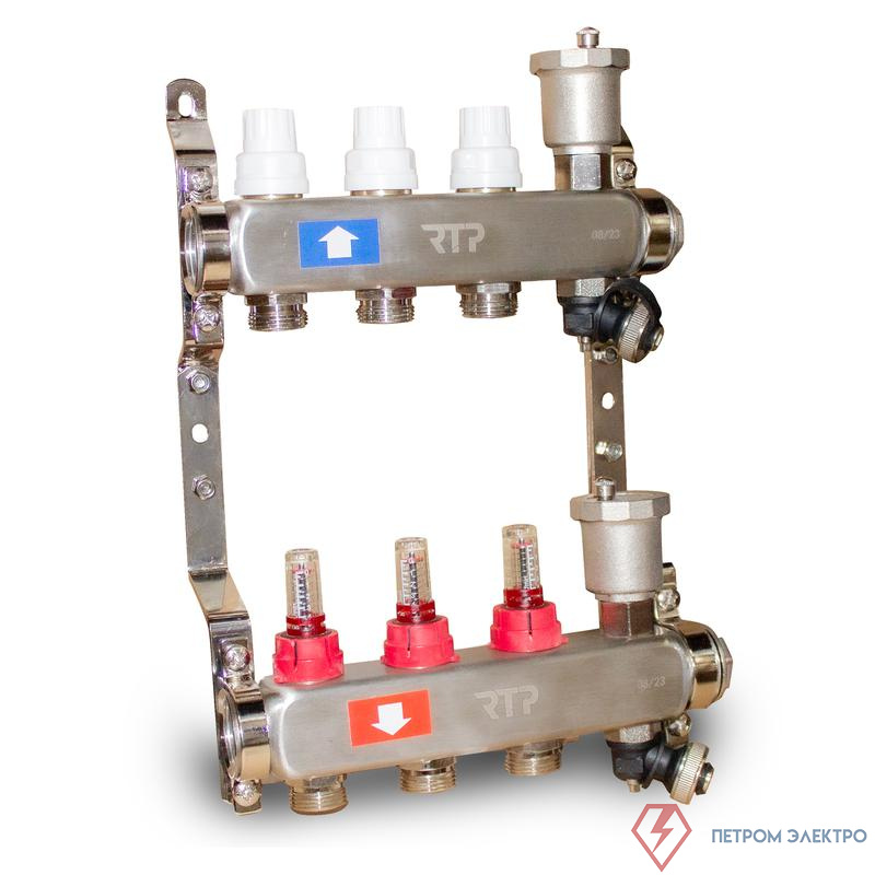 Группа коллекторная с расходомерами (евроконус 3/4дюйм) нерж. сталь SUS 304 1дюйм х3 выхода RTP 42494