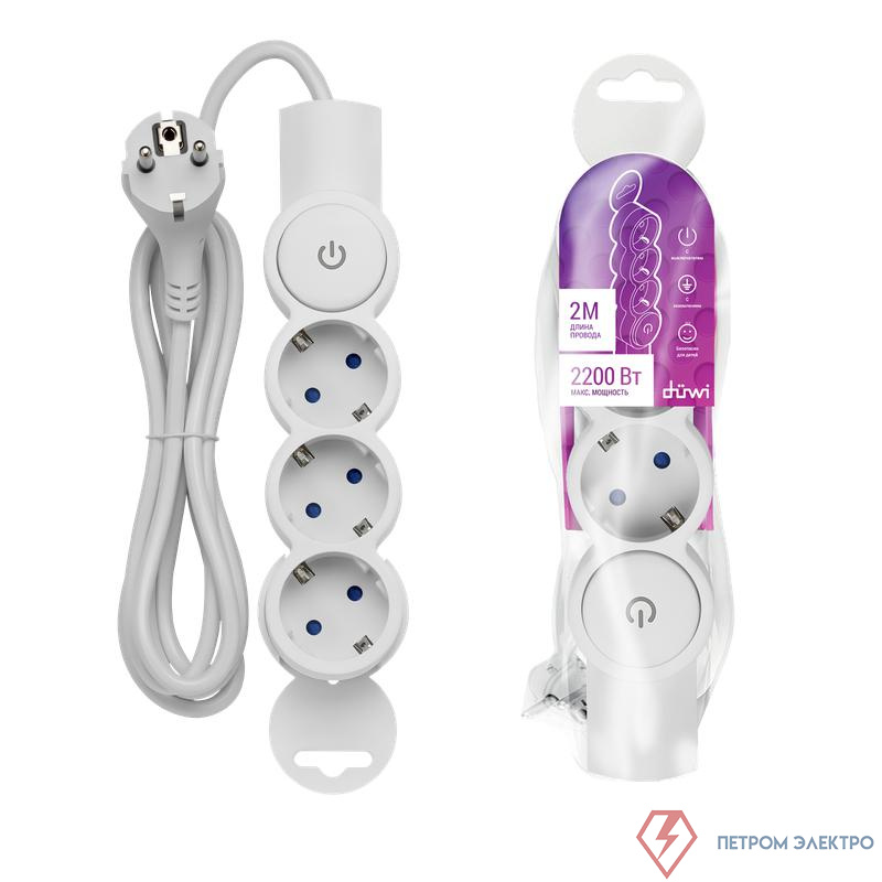 Удлинитель 3х2м с заземл. 10А IP20 ПВС 3х0.75 с выкл. защ. шторки REV 32007 6