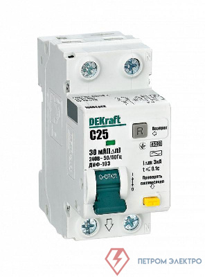 Выключатель автоматический дифференциального тока 2п (1P+N) C 25А 30мА тип AC 4.5кА ДИФ-103 DEKraft 16054DEK