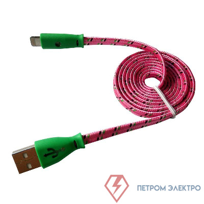 Кабель USB-Lightning для iPhone/nylon/flat/pink/1m/Rexant /светящиеся разъемы Rexant 18-4258