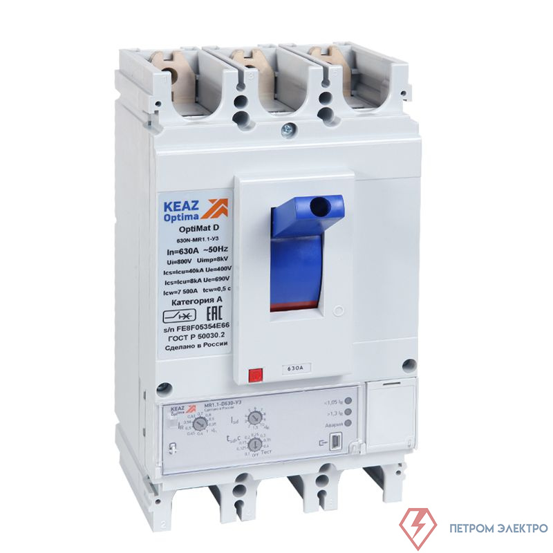 Выключатель автоматический 3п 630А диапазон уст. 252...630А 40кА OptiMat D630N MR1.1 У3 РЕГ КЭАЗ 353186