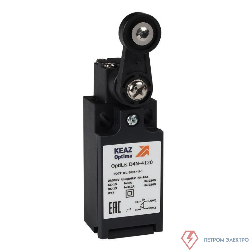 Выключатель концевой OptiLiS D4N-4120 рычаг пластик. с роликом пластик. EN 50047 XCKN2118P20 КЭАЗ 365306