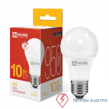 Лампа светодиодная LED-A60-VC 10Вт грушевидная 3000К тепл. бел. E27 950лм 230В IN HOME 4690612020204 0