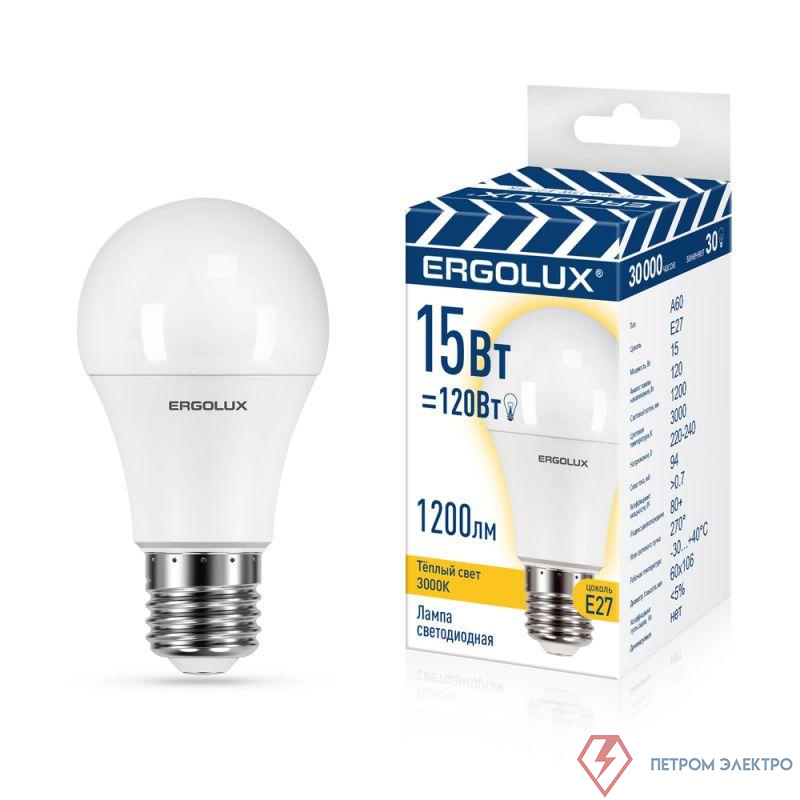 Лампа светодиодная LED-A60-15W-E27-3K 15Вт грушевидная 3000К тепл. бел. E27 220-240В ЛОН ПРОМО Ergolux 14308