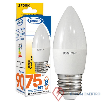 Лампа светодиодная ILED-SMD2835-C37-8-720-220-2.7-E27 (1304) IONICH 1537 0