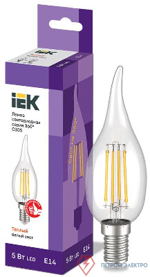 Лампа светодиодная филаментная 360° 5Вт CB35 свеча на ветру 3000К E14 230В IEK LLF-CB35-5-230-30-E14-CL 0