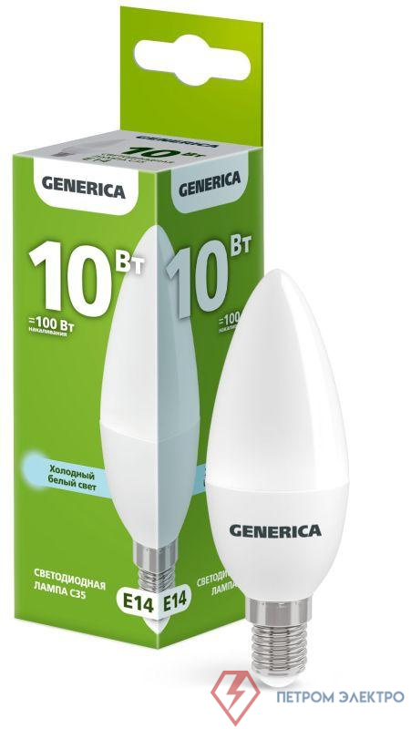 Лампа светодиодная C35 10Вт свеча 6500К E14 230В GENERICA LL-C35-10-230-65-E14-G