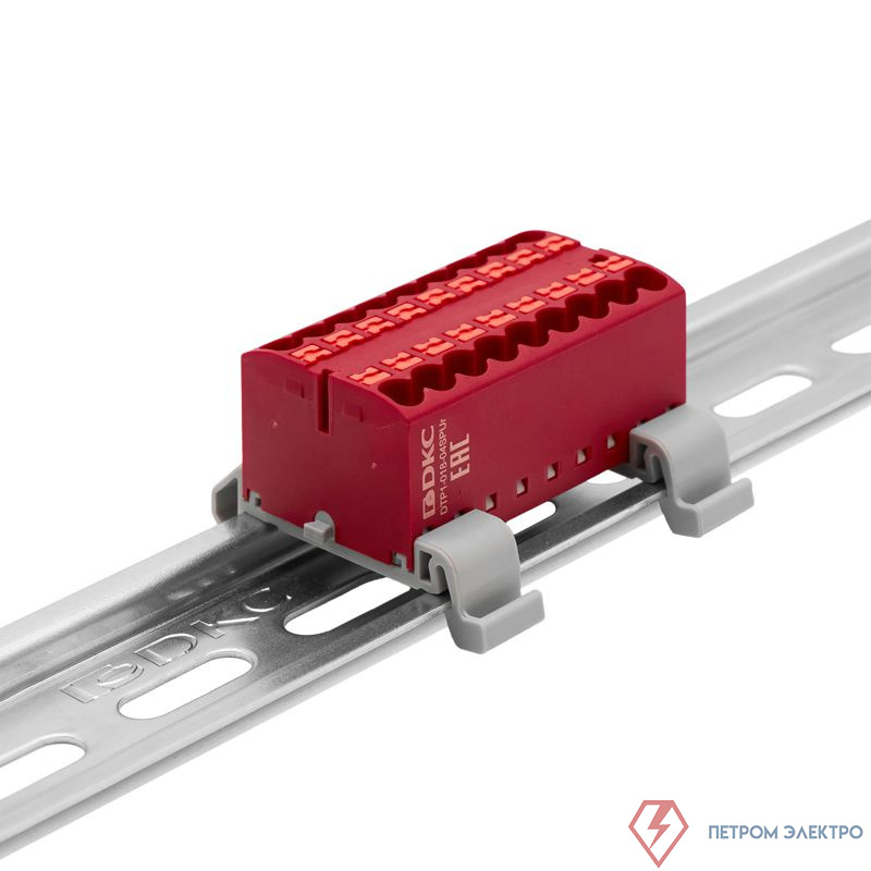 Блок распределительный с горизонт. адаптером на рейку шир. 35мм зажим push-in 18 точек подключения 2.5кв.мм красн. DKC DTP1-018-04SPUR-H