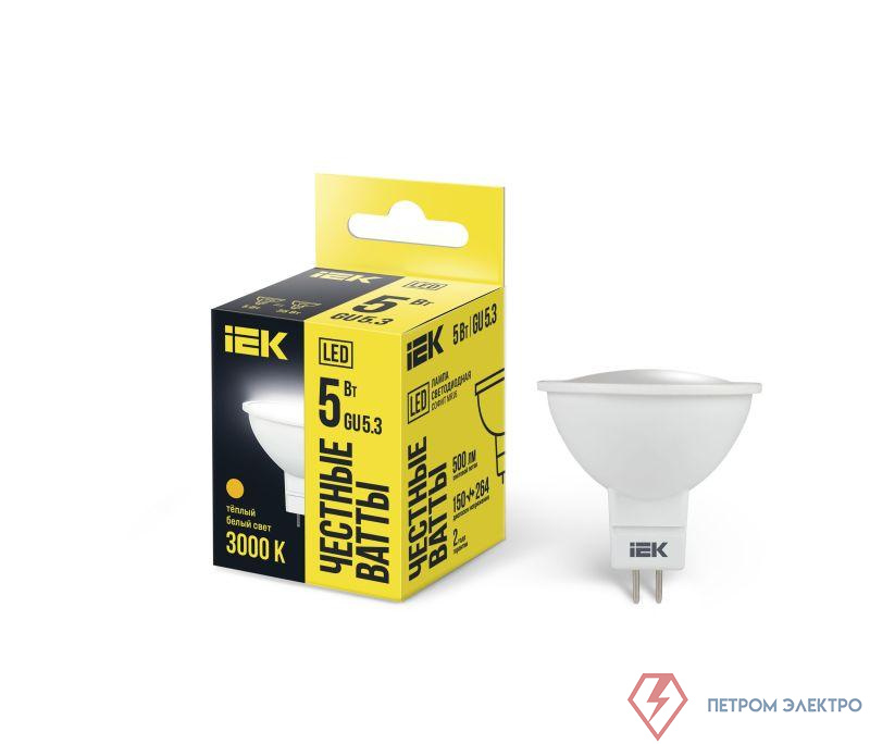 Лампа светодиодная MR16 5Вт 3000К тепл. бел. GU5.3 450лм 230-240В IEK LLE-MR16-5-230-30-GU5