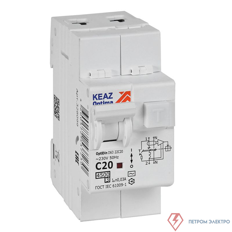 Выключатель автоматический дифференциального тока 2п OptiDin D63-22C20-AC-У3 C20 30мА 4.5кА с защитой от сверхтоков КЭАЗ 328099