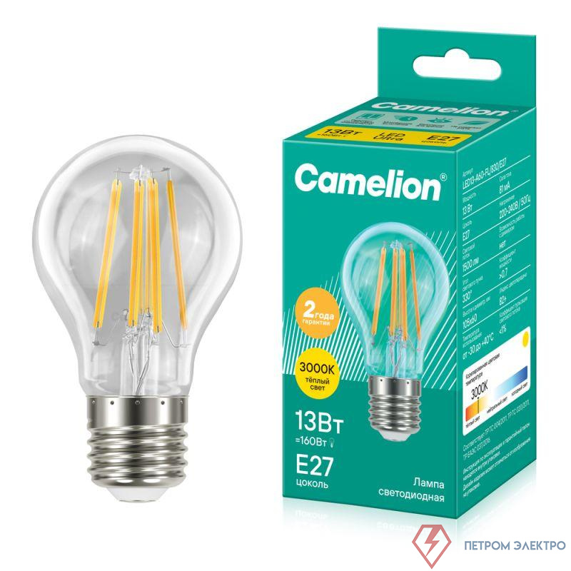 Лампа светодиодная филаментная LED13-A60-FL/830/E27 13Вт грушевидная прозрачная 3000К тепл. бел. E27 220В Camelion 13716