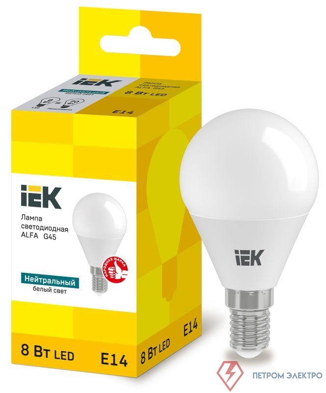 Лампа светодиодная Alfa 8Вт G45 шар 4000К E14 230В (6шт) IEK LLA-G45-8-230-40-E14-6