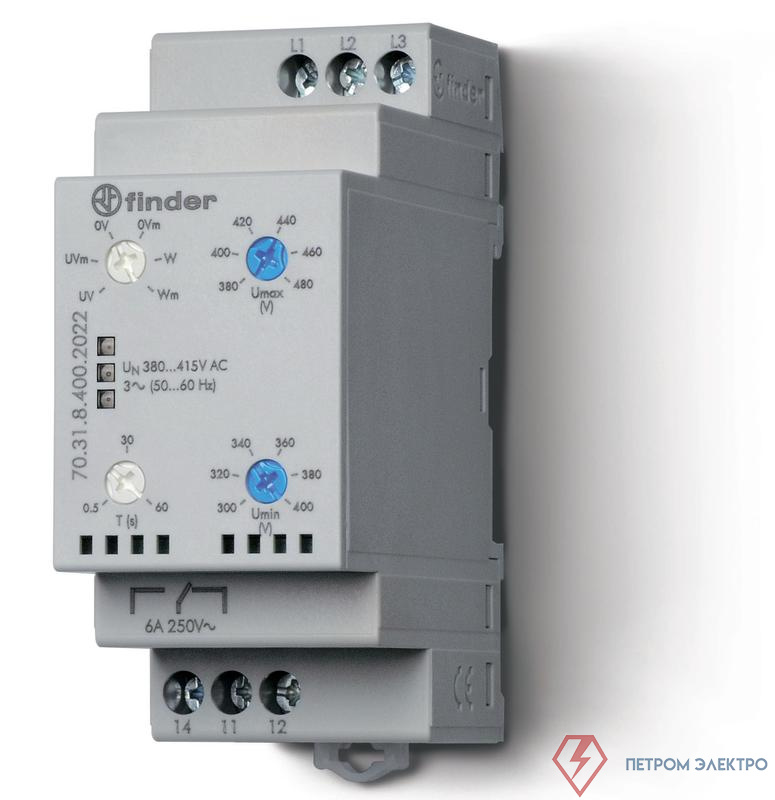 Реле контрольное для 3х-фазных сетей пониженное/повышенное напряжение 1CO 6А FINDER 703184002022