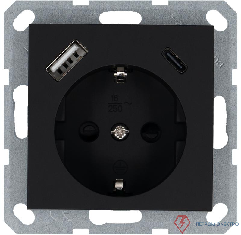 Розетка Shuko 16А с заземл. защ. шторки с 2-мя заряд. устройствами USB тип A+C 25Вт механизм черн. матов. soft touch Jasmart G5501USB-25PB