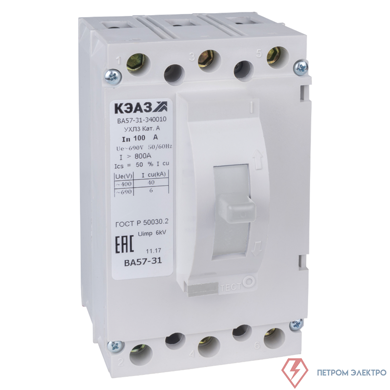 Выключатель автоматический 3п 100А 800Im 40кА ВА57-31-340010 УХЛ3 690В AC КЭАЗ 108438