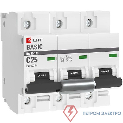 Выключатель автоматический модульный 3п C 25А 10кА ВА 47-100 Basic EKF mcb47100-3-25C-bas