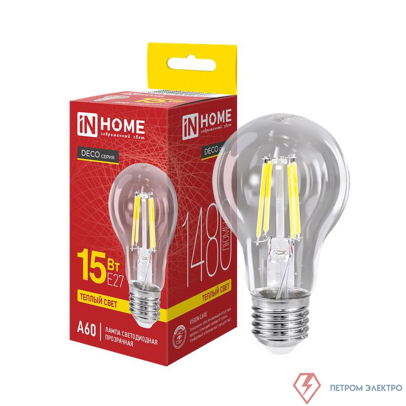 Лампа светодиодная филаментная LED-A60-deco грушевидная прозрачная 15Вт 230В E27 3000К 1480лм IN HOME 4690612055893