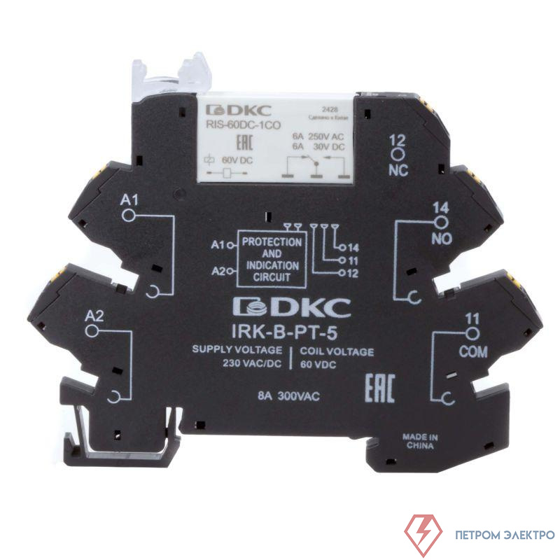 Реле интерфейсное 1CO ком. ток 6А AgSnO2 напряжение 230В AC/DC push-in клеммы DKC IRK-230UC-1CO-PT