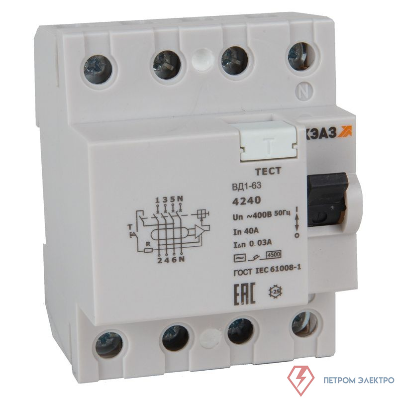 Выключатель дифференциального тока (УЗО) 4п 32А 30мА тип AC ВД1-63-4232-АС УХЛ4 электрон. КЭАЗ 318480