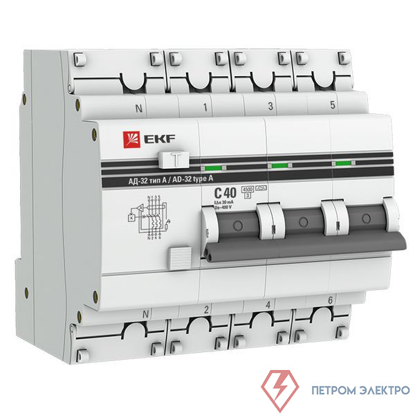 Выключатель автоматический дифференциального тока 4п (3P+N) 40А 30мА тип A АД-32 PROxima EKF DA32-40-30-4P-a-pro