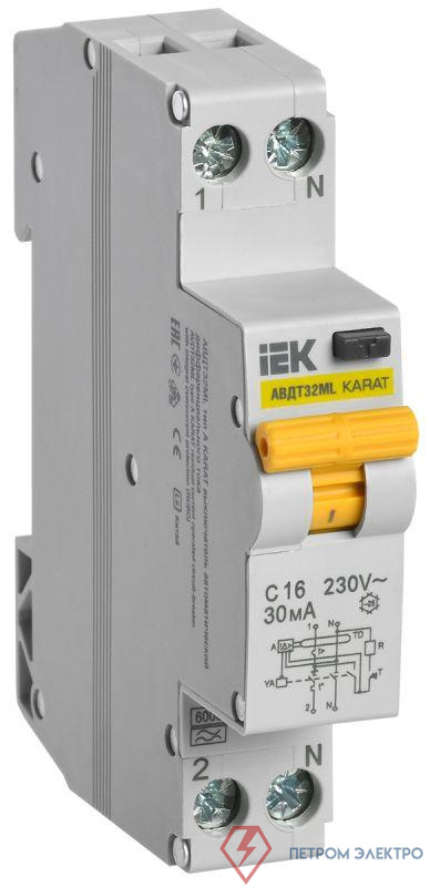 Выключатель автоматический дифференциального тока C 16А 30мА тип A АВДТ32ML KARAT IEK MVD12-1-016-C-030-A