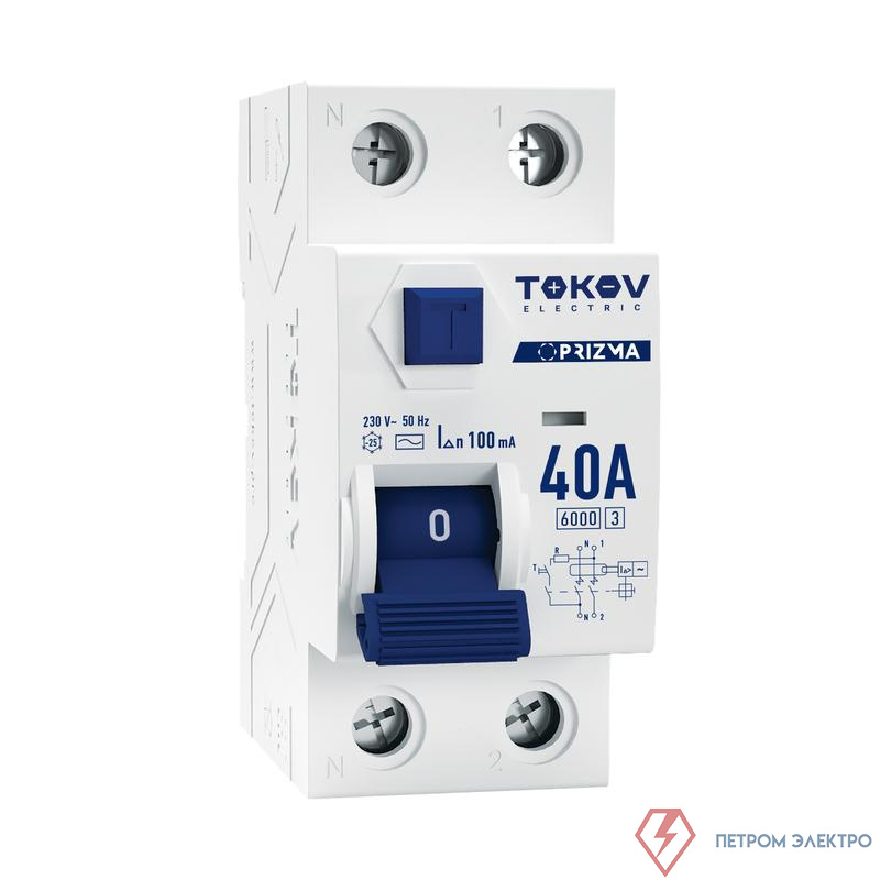 Выключатель дифференциального тока (УЗО) 2п (1P+N) 40А 100мА тип AC 6кА PRIZMA TOKOV Electric TKE-PZ60-RCDM-2-40-100-AC