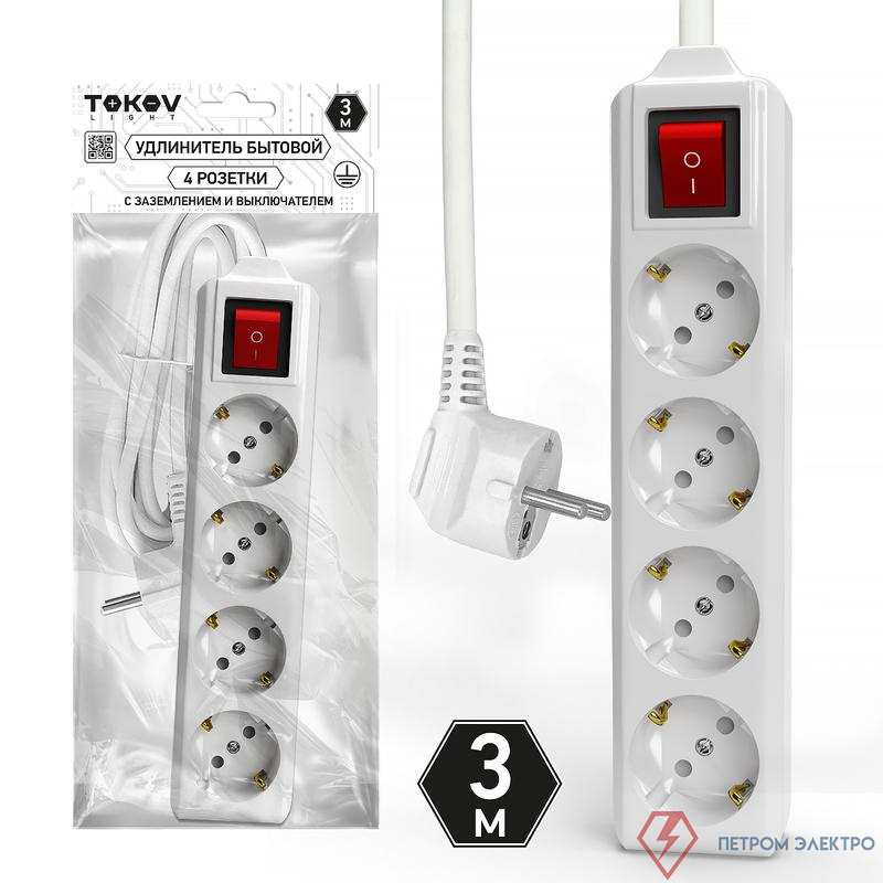 Удлинитель 4х3м с заземл. с выкл. 10А 3х1.5 TOKOV ELECTRIC TKL-C01-BU4-3-1.5-ZV