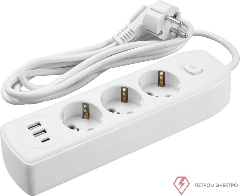 Удлинитель 3х3м с заземл. 10А IP20 90 839 OPE-USB-03-300-ESC-3x1 USB 2xType-A + Type-C с кнопкой ОНЛАЙТ 90839