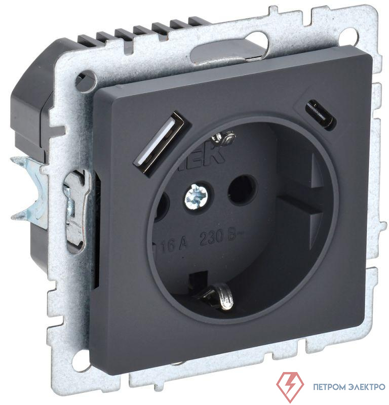 Розетка BRITE РЮш11-1-БрГ 16А с USB A+C 18Вт с заземл. защ. шторки механизм графит IEK BR-R14-16-U22-018-K53