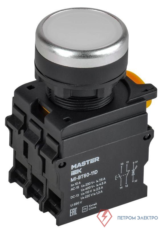 Кнопка d22мм 1НО+1НЗ MASTER с подсветкой бел. IEK MI-BT60-11D-3-12-K01