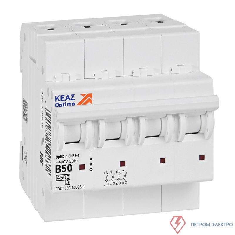 Выключатель автоматический модульный 4п B 50А OptiDin BM63-4B50-4.5-УХЛ3 КЭАЗ 329533