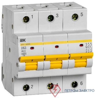 Выключатель автоматический модульный 3п 63А 10кА D ВА47-100МА без тепл. расцеп. IEK MVA43-3-063-D