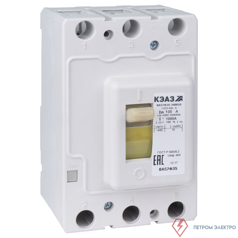 Выключатель автоматический 3п 100А 1000Im 15кА ВА57Ф35-340010 УХЛ3 400В AC КЭАЗ 109286