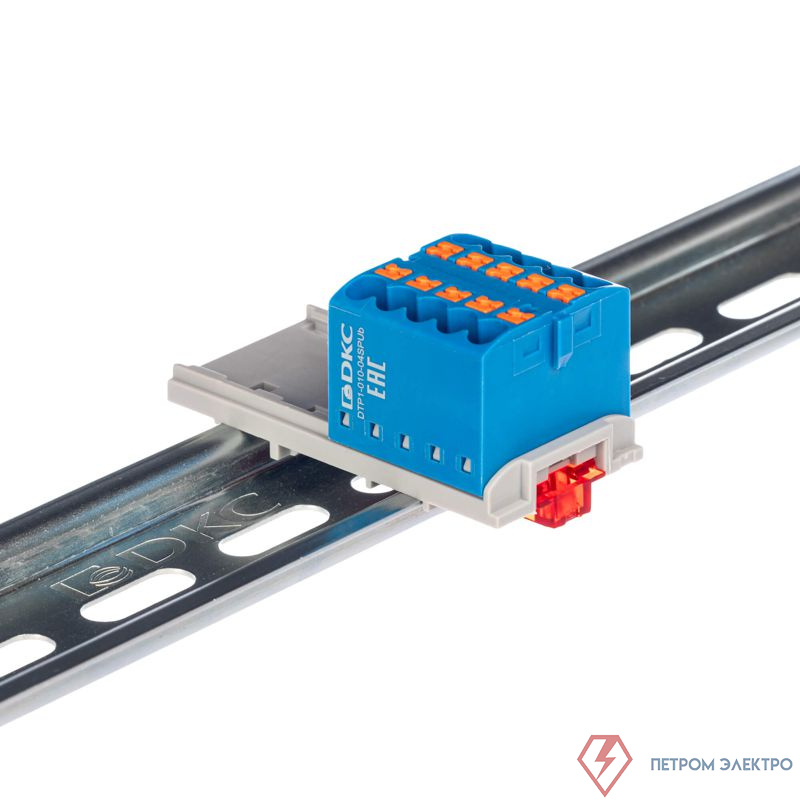 Блок распределительный с вертикал. адаптером на рейки шир. 15/35мм зажим push-in 10 точек подключения 2.5кв.мм син. DKC DTP1-010-04SPUB-V