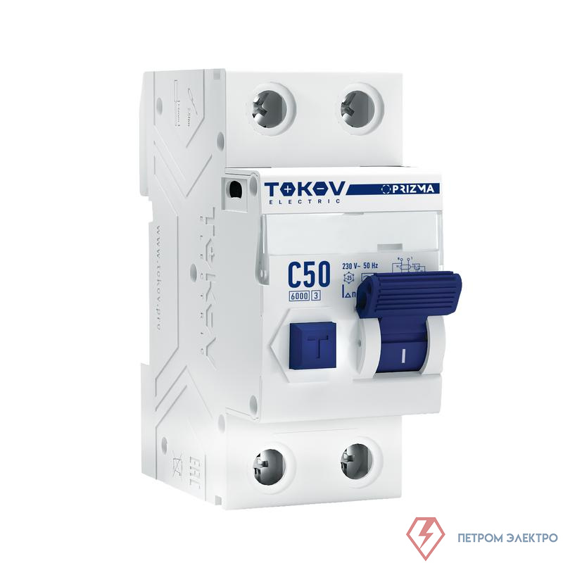 Выключатель автоматический дифференциального тока 2п (1P+N) C 50А 300мА тип AC 6кА PRIZMA TOKOV ELECTRIC TKE-PZ60-RCBO-2-50-300-AC