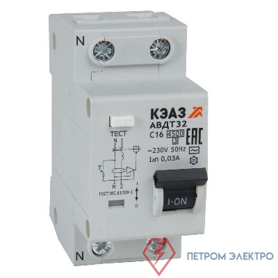 Выключатель автоматический дифференциального тока 2п C 32А 30мА тип AC 4.5кА АВДТ32-22C32-AC УХЛ4 КЭАЗ 318364