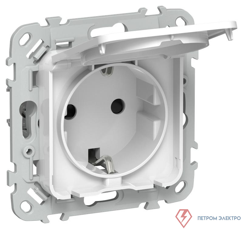 Розетка СП FLITE РСшкр11-1-44-ФлБ 16А IP44 с заземл. с защ. шторками и крышкой безвинтовое крепление механизм бел. IEK FI-R16-16-1-44-K01
