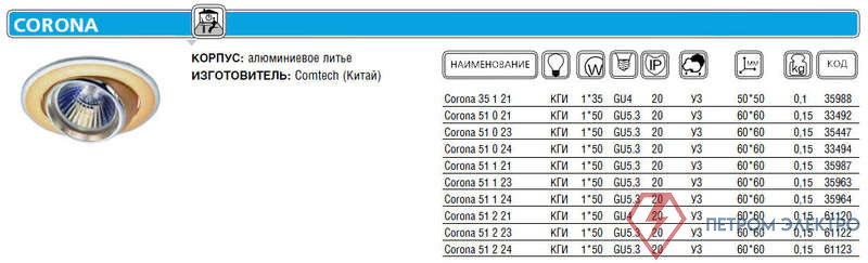 Светильник CORONA 51 2 24 Комтех P00377