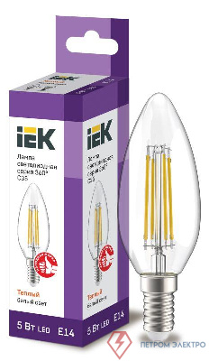 Лампа светодиодная филаментная 360° 5Вт C35 свеча 3000К E14 230В прозр. IEK LLF-C35-5-230-30-E14-CL