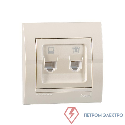 Розетка компьютерная + телефонная 2-м СП Deriy RJ45 + RJ11 IP20 жемчуж./бел. метал. LEZARD 702-3030-143