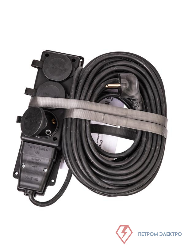 Удлинитель на каучуковой колодке 3х15м 16А IP44 250В 4кВт каучук КГ 3х2.5 черн. УХз16 Россия КОСМОС YKsm15m-3g(16A)KG-B