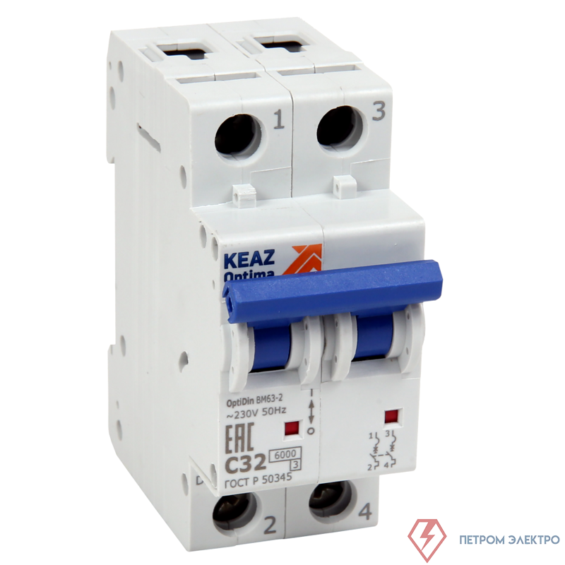 Выключатель автоматический модульный 2п B 4А 6кА OptiDin BM63-2B4-ОМ4-РЕГ КЭАЗ 233836