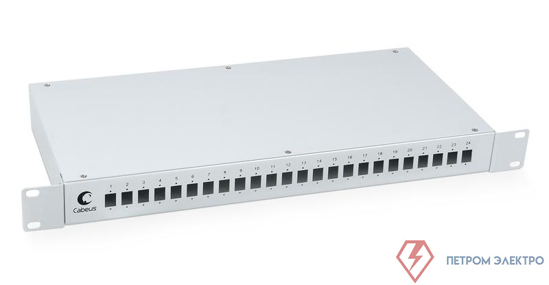Кросс бокс оптический FO-19-24SC 19дюйм на 24 SC LC duplex со сплайс-кассетой и КДЗС без пигтейлов и проходных адаптеров Cabeus 7037c