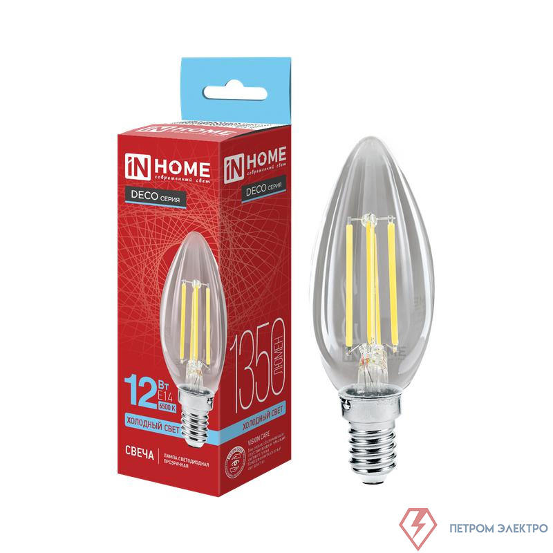 Лампа светодиодная LED-СВЕЧА-deco 12Вт свеча прозрачная 6500К E14 1350лм 230В IN HOME 4690612063287