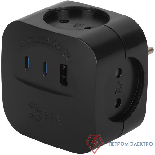 Разветвитель 4-м SP-4-3USBAC-B + 3 USB A+C со шторками 10А чер. Эра Б0069084