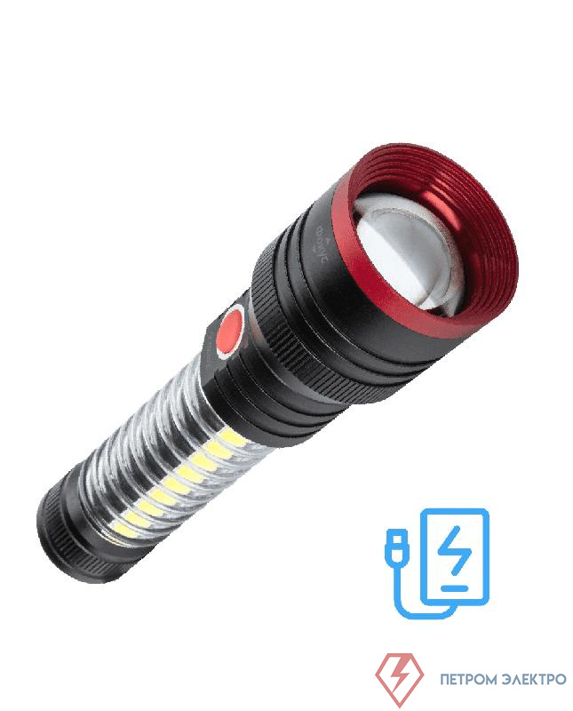 Фонарь аккумуляторный ручной 10Вт LED+5Вт COB LED+красн. zoom-линза Li-ion 18650 2200мА.ч Power-bank корпус анодир. алюм. USB-шнур type C магнит на корпусе КОСМОС KOC132Lit