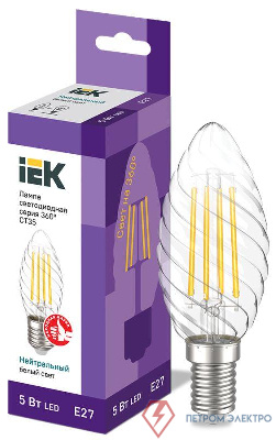 Лампа светодиодная филаментная 360° 5Вт CT35 свеча витая 4000К нейтр. бел. E27 230В IEK LLF-CT35-5-230-40-E27-CL 0