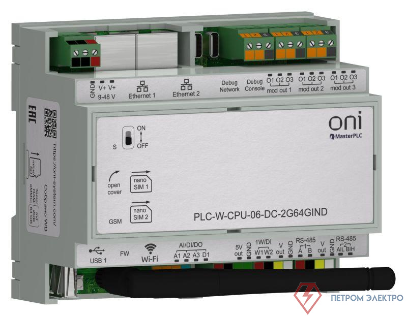 Контроллер программируемый логический ПЛК W. CPU 6 IO 2GB RAM 64GB ROM 24 В DC пром. исп. ONI PLC-W-CPU-06-DC-2G64GIND
