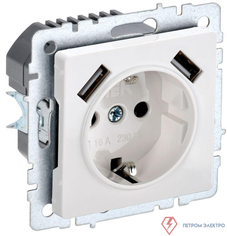 Розетка BRITE РЮш10-1-БрБ 16А с USB A+A 2.1А с заземл. защ. шторки механизм бел. IEK BR-R14-16-U21-D21-K01