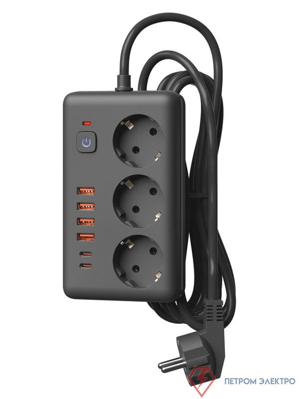 Удлинитель с сетевым фильтром 3х5м 10А 4USB + 2USBC 2500Вт ПВС 3х1 прямоуг. черн. КОСМОС FKsmPR-5m-3g(B)USB